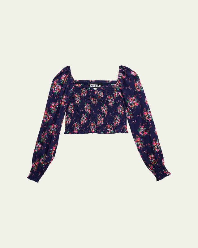 Girl's Floral-Print Smocked Top, Size S-XL